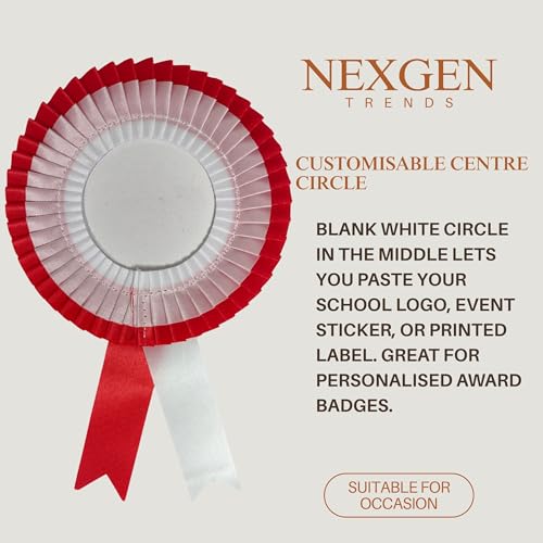 Image of NEXGEN Trends Double Line Satin Award Badge for School Sports Day, Annual Day & Prize Distribution | Premium Ribbon Badge with Safety Pin | Pack of 10 (Red-White)