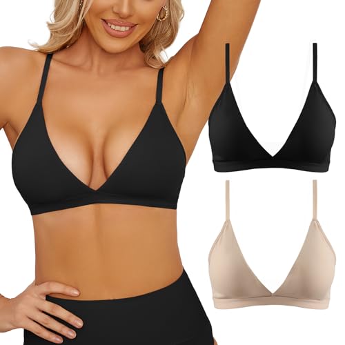 Image of INIBUD Bralette for Women Triangle Cups Adjustable Straps Wireless Bra Deep V Neck Removable Padded Seamless