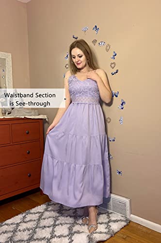 Image of Dokuritu Women's Beach Crochet Lace Maxi Dress Solid Color Summer Vacation Wedding Guest Spaghetti Strap Long Dress