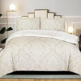 B&B Duvet Cover Set Super King Size, 100% Rich Cotton Comforter Cover Bedding Sets - Soft, Thick Anti-Allergy Printed Quilt Covers with 2 Pillow Shams (Damask Beige)