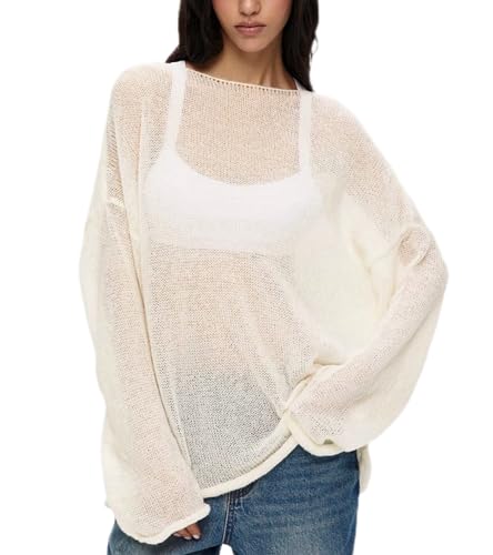 Image of Sweters for Women, Womens Sweater, O-Neck Solid Color See Through Pullover Jumper Shirt Beach