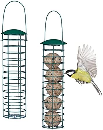 Relaxdays Comederos Bolas Sebo Aves Set de 2, Colgantes, 37×9 cm, Dispensadores de Alimento Pájaros, Metal, Verde Oscuro, 80% Hierro 20% plástico