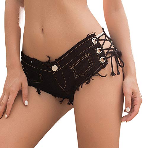 FEOYA - Pantalones cortos de jean de tiro bajo para mujer - Negro - XL