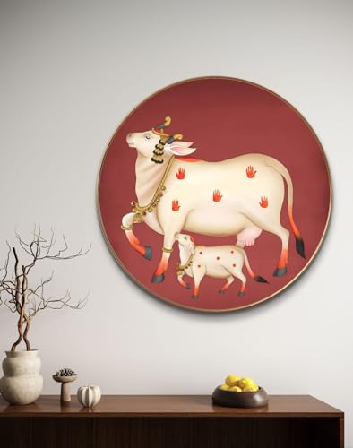 Image of SAF Large Round Pichwai Cow Wall Painting with golden frame Vinyl Sparkle laminated||Home decor Painting,Living Room, Bedroom,Office Room Decor - Painting for Wall Decoration GR-05