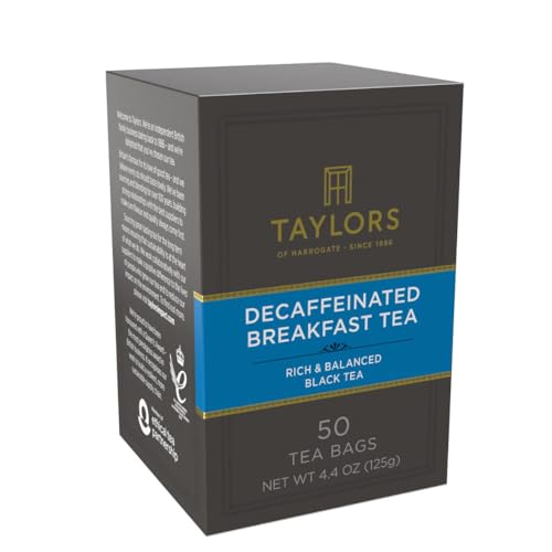 Image of Taylors of Harrogate Decaffeinated Breakfast, Black Tea, Pillow Bags, 50 Count, (Pack of 1) Rich, Bright & Balanced, Decaffeinated, Enjoy Hot or Iced, 50 Teabags