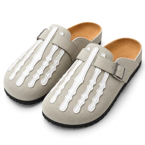 CTKVbmeoi Gothic Faux Suede Slip On Mules for Men Casual Indoor Outdoor Streetwear Clogs with Funny Skeleton Bone Graphic and Adjustable Buckle Strap (7.5,N88 Grey)