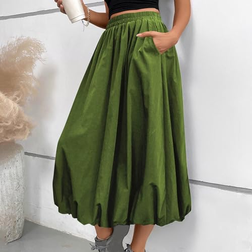 Women Casual Midi Skirts 2025 Summer Trendy Solid Color Elastic Waist Flowy A-Line Versatile Skirt with Pocket2