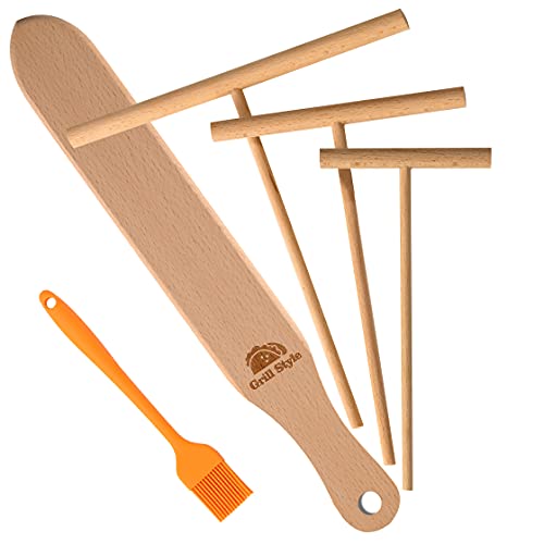 AsWeWixi Crepe Spreader and Spatula Kit, 3.5, 5, 7 T-Shaped Batter Spreaders & 13.4 Spatula Turner, Natural Wood Material Crepes Sticks Fit Any Crepe Pan Maker, With Silicone Brush, Set of 5