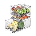 Bronkeeper Pull Out Clear Fridge Organizer Drawers with Drainer, Refrigerator Stackable Storage Bins for Kitchen Fruit & Veggie Organization (Complete Set)