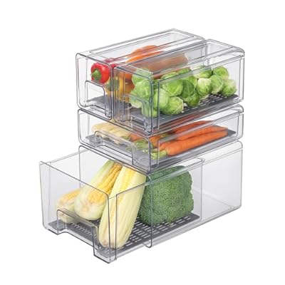 Bronkeeper Pull Out Clear Fridge Organizer Drawers with Drainer, Refrigerator Stackable Storage Bins for Kitchen Fruit & Veggie Organization (Complete Set)