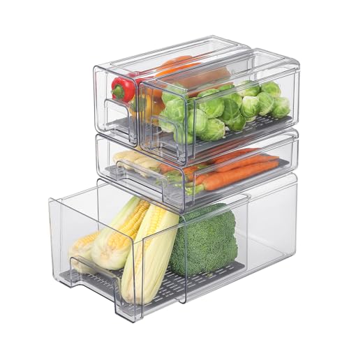 Pull Out Clear Fridge Organizer Drawers with Drainer, Refrigerator Stackable Storage Bins for Kitchen Fruit & Veggie Organization (Complete Set)