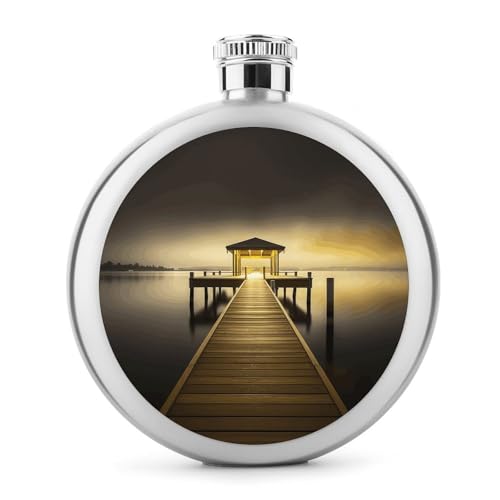 Pavilion on The Sea Round Flask Portable Hip Flask Stainless Steel 5oz Whisky Flask for Men Women