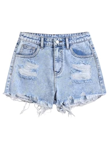 oyyniis Girl's Ripped Jean Shorts Cute Y2K High Waist Straight Leg Denim Shorts Trendy Teen Girls Fashion