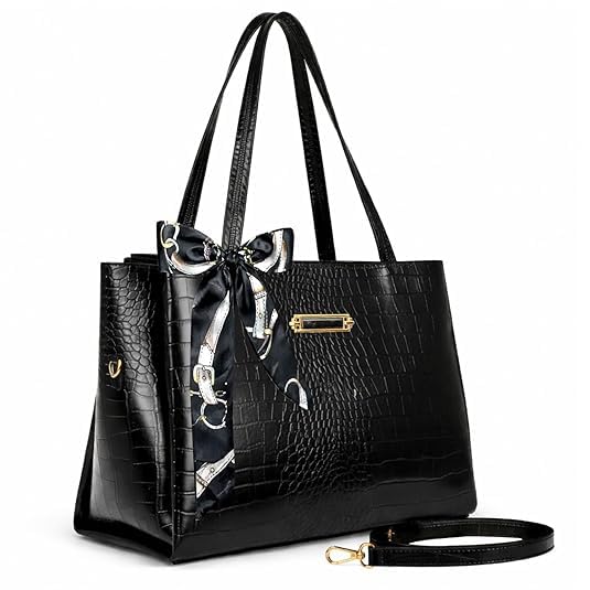 global impex Women's Crocodile Texture Tote Handbag with Scarf | Large Capacity Shoulder Bag | PU Leather Fashion Tote for Office, Travel, Shopping & Daily Use-picture-38