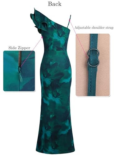 Image of VFSHOW Womens Ruffle One Shoulder Strap Ruched Formal Prom Wedding Maxi Dress V Neck Elegant Split Cocktail Evening Long Gown