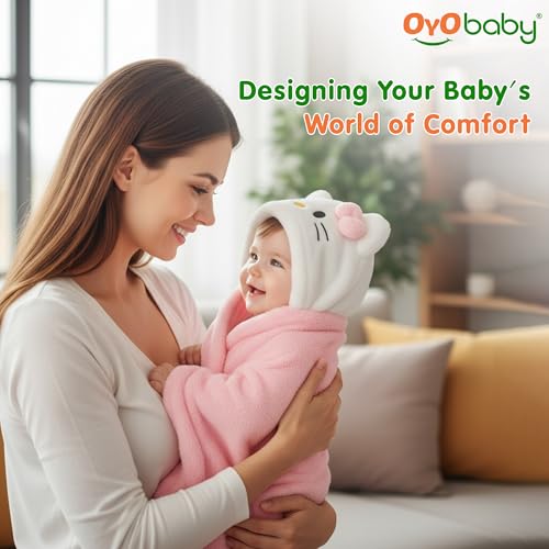 Image of OYO BABY Newborn Baby Blanket & Bath Towel /Bath Robe Combo Pack - 2 Pieces, Fleece (Pink Kitty & Blue Bear), Multi-Use for Babies 0-12 Months