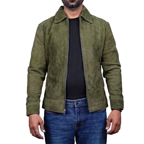 Image of Mens Polo Collar Zipper Suede Shirts Long Sleeve Shacket Suede Trucker Jacket Real Suede Leather Shirt