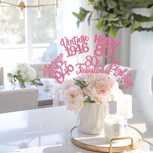 Image of 15 PCS 80th Birthday Centerpiece Sticks Glitter Eighty Happy 80 Vintage 1946 Table Flower Centerpieces Sticks Cheers to 80 Fabulous Floral Decorations for 80th Birthday Party Supplies Pink