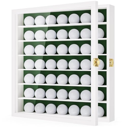 Image of TJ.MOREE Golf Ball Holder Display Case for 49 Balls, Wall Mount, White Wood | Acrylic Front, Metal Door Lock, Soft Lining, Gift for Men