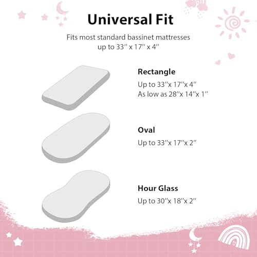 Image of Baby Bassinet Sheets, 3 Pack Fitted Bassinet Mattress Sheets, Compatible with Halo Bassinest Swivel Sleeper & Oval Hourglass Rectangle Mattress, Ultra Soft Pink Rainbow