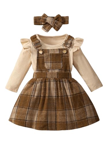 MakeMeChic Toddler Baby Girl's 3 Piece Outfits Rib Knitted Long Sleeve Sweater and Plaid Overall Dress Set with Headband