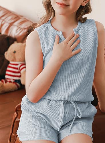 Image of blibean Girls Summer Clothes Set Kids Waffle Pockets Cotton Outfit Size 4-13 Years