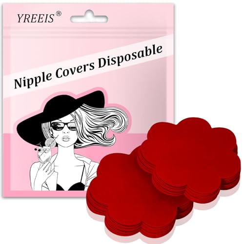 YREEIS 40 Pcs Nipple Covers For Women Hypoallergenic Disposable Adhesive Nipple Pasties No-Show Satin Breast Petals Stickers (Red)