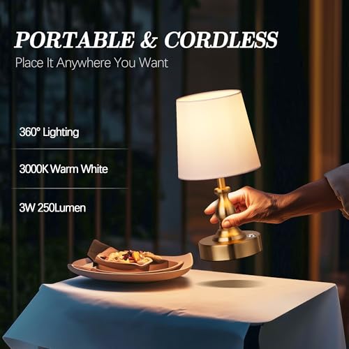 PARTPHONER Mini Cordless LED Table Lamp, 5200mAh Rechargeable Battery Operated Lamp, 3-Level Brightness, Touch Dimmable Desk Lamp, Bedside Night Light for Patio Camping Restaurant Home, Antique Brass by PARTPHONER - Image 4