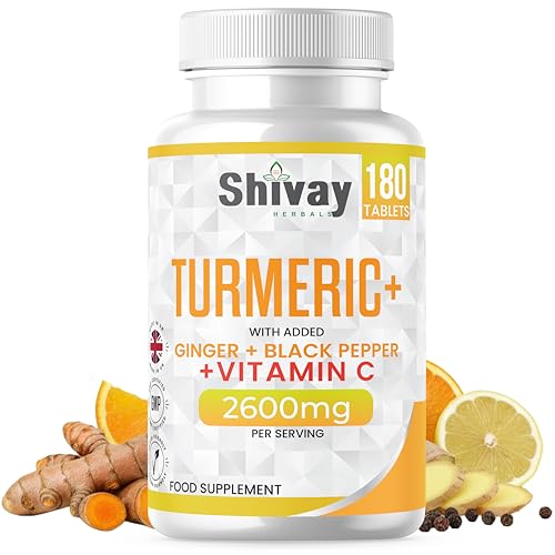 Turmeric Tablets 2600mg with Black Pepper & Ginger Boosted with Vitamin C | 180 High Strength Curcumin Supplements - 3 Month Supply Vegan Active Curcumin Made in The UK by Shivay Herbals