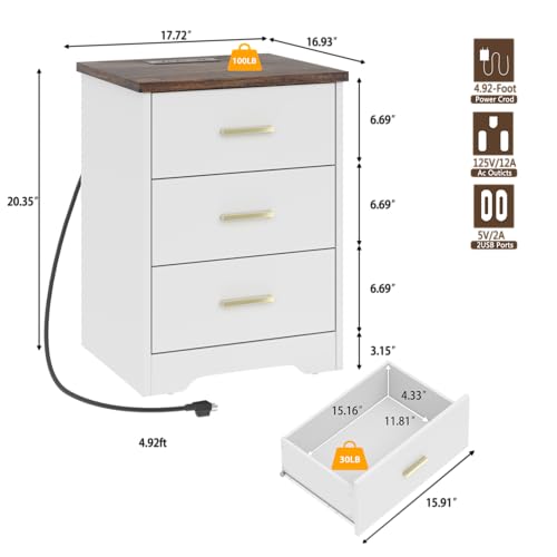 LIDYUK Dresser for Bedroom, Wood Dresser with 3 Drawers, Modern Minimalist Dressers & Chest of Drawers, 21 Inches Tall Side Table Nightstand with Charging Station, for Bedroom, Living Room, White - Image 2