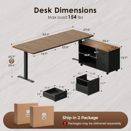 OffiGo 63" L Shaped Electric Standing Desk with File Cabinet, Walnut/Black - 1