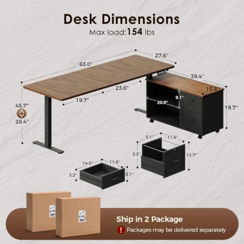Image of OffiGo 63 inch L Shaped Electric Standing Desk with Cabinet Sets, Walnut /Black