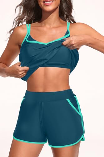 Image of Holipick Blouson Tankini Swimsuits for Women - Two Piece Tummy Control Bathing Suit with Shorts Modest Swimwear