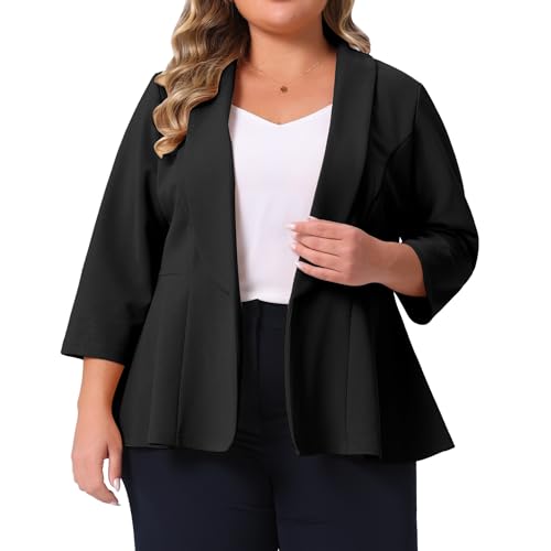 Image of Agnes Orinda Plus Size Blazers for Women Lapel 3/4 Sleeve Open Front Peplum Office Cardigan Jackets 2X Black