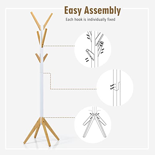 Tangkula Bamboo Coat Rack Freestanding, Wooden Coat Hanger Coat Rack Stand With 6 Hooks & 4-Claw Base, Easy Assemble Standing Coat Tree Hat Bag Jackets Hanger For Entryway, Bedroom, Office #TOP7
