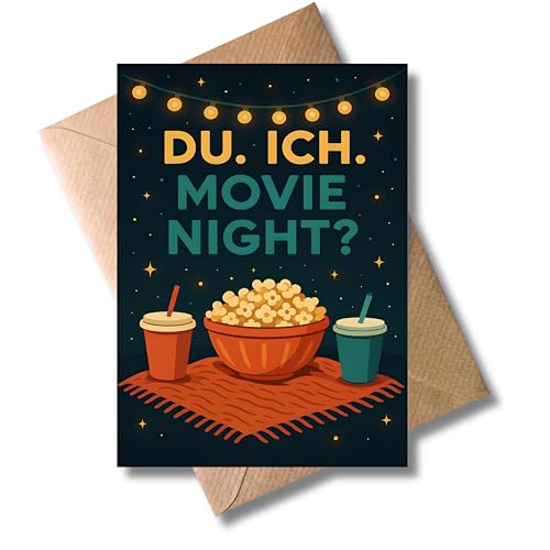WBdesignz Filmabend Einladungskarte mit Umschlag - Karte Du. Ich. Movie Night? mit Popcorn Getränken & Lichterkette - süßeGeschenkkarte für Paare Freunde & Liebhaber von Kinotagen (DIN A6)