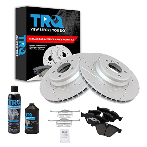 TRQ Front Brake Pad & Rotor Kit Performance Ceramic Premium G-Coated Slotted X Drilled Compatible with 09-11 335d 07-13 335i 09-13 335i xDrive 11-13 335is 07-08 335xi 13-15 X1
