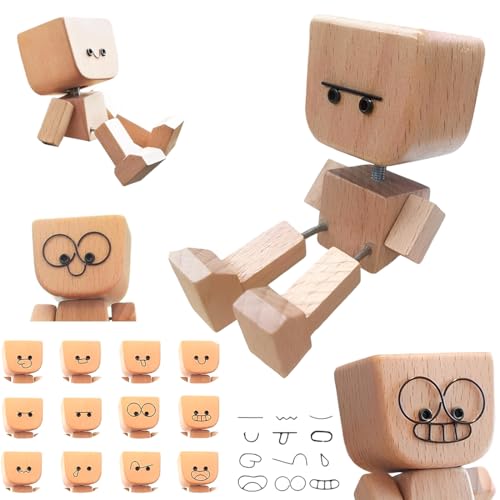 YOFDAL Muñeco Bamboleante de Madera,12 Expresiones Intercambiables,Figurinas para Salpicadero,Figura de Madera Coche,Regalos Divertidos y Creativos