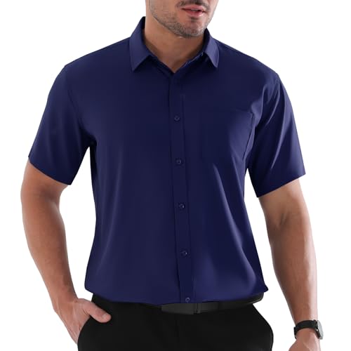 BEFRIED Dress Shirts for Men Big and Tall (Size XL Big-6XL Big Tall) Button Down Short Sleeve Shirts Business Casual Collared Shirt with Pocket Navy Blue