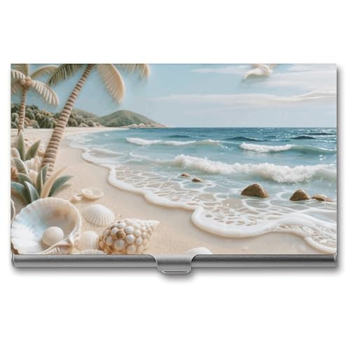 Slim Business Card Case for Men & Women, Pocket Metal Case, Shell - Carving Beach Professional Aluminum Alloy Business Card Holders, Stylish Purse Name Cards Holder, Buckle Style Shut