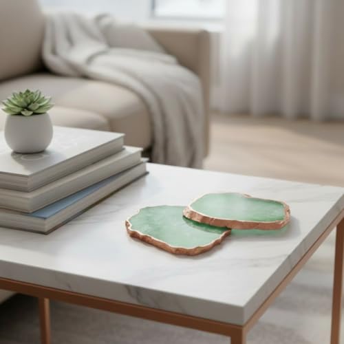 Image of Pack of 2 Agate Stone Rose Gold Plated Coaster | Tea Coaster for Dining Table | Coasters for Cups Set | Dining Table Decorative Item for Table | Vintage Handmade Coasters | Green