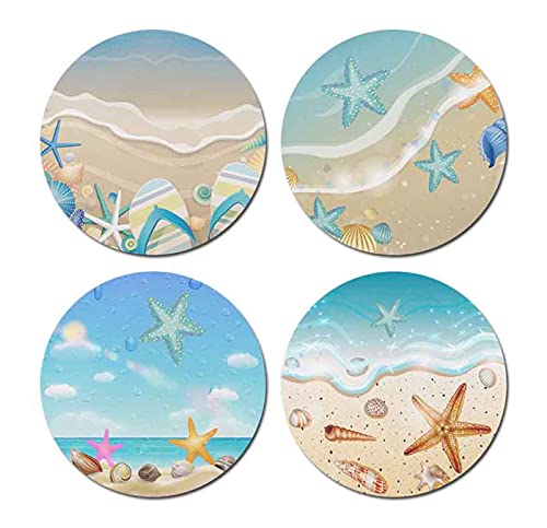 Blue Starfish and Sandy Beach Round Coaster Set of Drink- Made of Polyester Fabric and Recycled Rubber Coaster Set - Set of 4