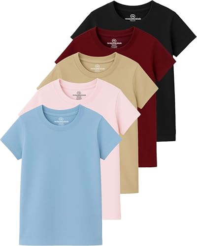 Image of Real Essentials 5 Pack: Girls' Cotton Short Sleeve Crew Neck T-Shirt - Athletic Tee Shirt for Teens Kids Youth (Ages 4-16)