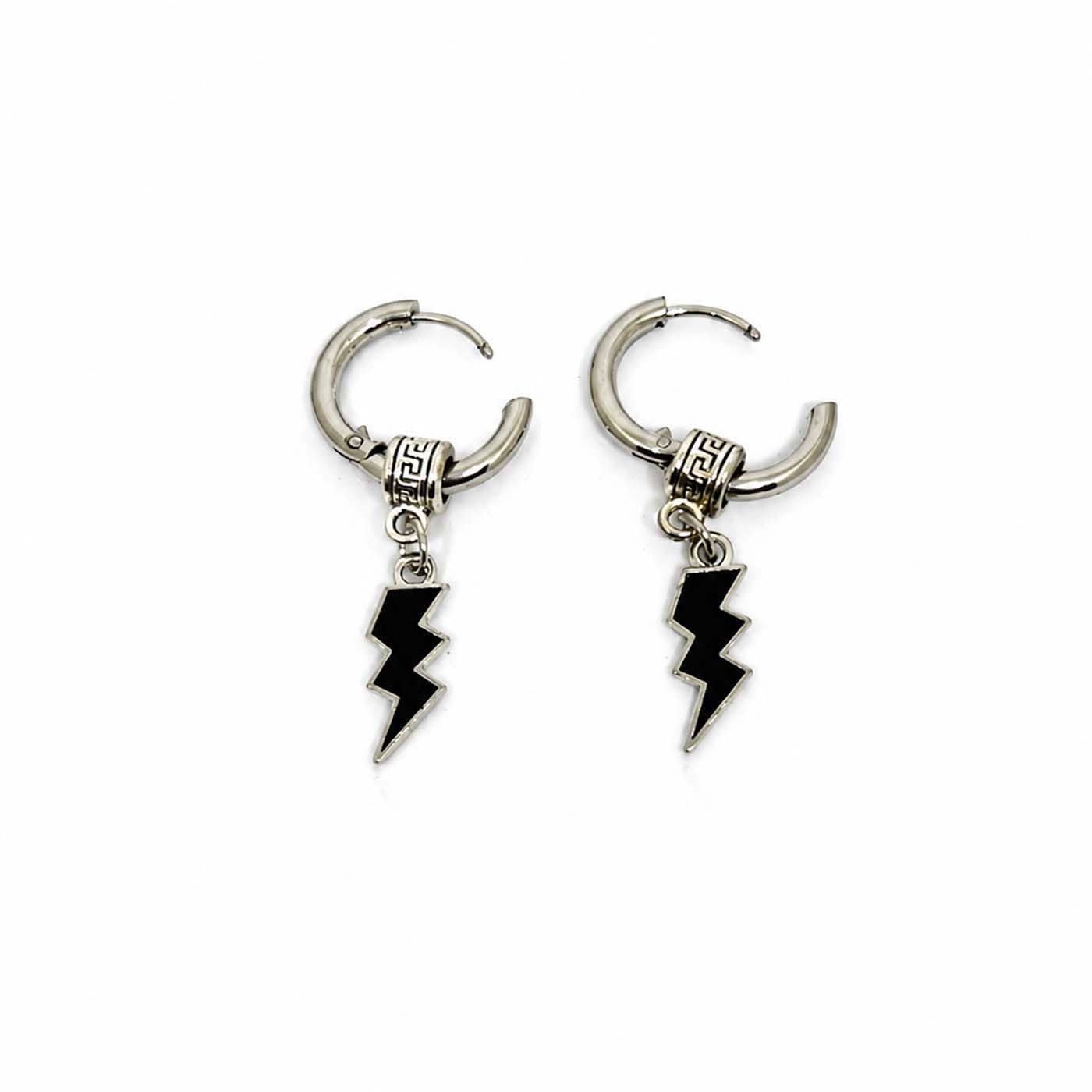 (1 Pair) Unisex Stainless Steel Silver Trendy Elegant Small Black Lightning Bolt Round Press Screw Pierced Style Clip on Metal Dangle Hoop Earrings for Men & Women-image-37