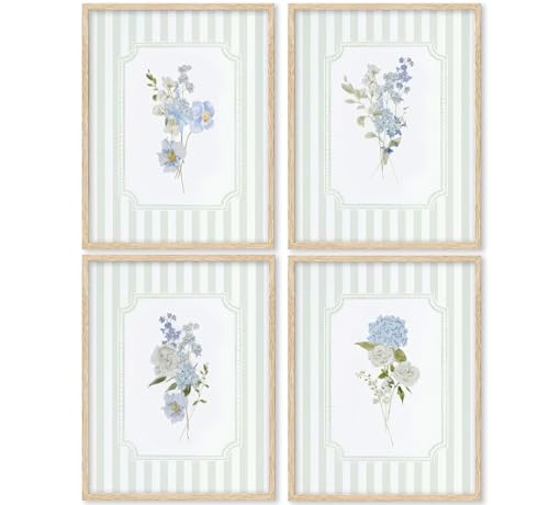 Blue White Florals Wall Art Sage Green Striped Hydrangea Pictures Wall Decor White Roses Posters Grandmillennial Rustic Farmhouse Wildflowers Painting Print Artwork for Nursery Living Room, Unframed
