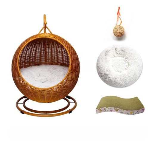 Tcrciuk猫の家藤編みのゆりかごペット2 in 1 ドーム型 キャットハウス猫小屋 通気性いい 暑さ対策大型 屋外 屋内 (イエローブラウン,猫ベッド + 長毛用マット)