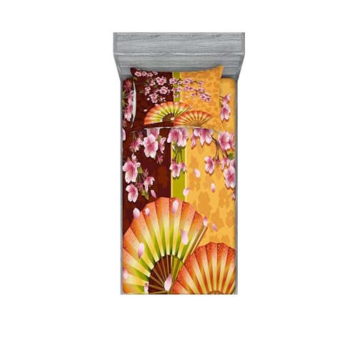 Ambesonne Floral Fitted Sheet & Pillow Sham Set, Composition of Burgeoning Sakura Blooms Japanese Garden Art, Decorative Printed 2 Piece Bedding Decor Set, Twinxl, Pale Pink Marigold