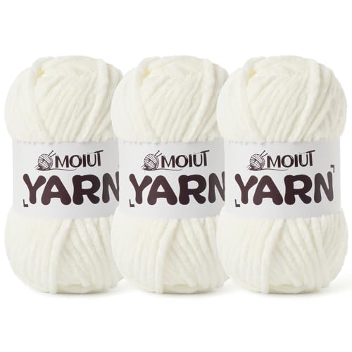 Image of 3 Pack Fluffy Chenille Yarn for Crocheting, Chunky Velvet Yarns for Crochet Amigurumi, Baby Yarn for Crocheting Soft Blanket, 262.4yds /10.5 oz Bulky Yarns for Crafts /Hats /Shoes /Socks (3 White)