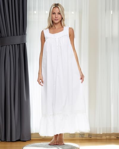 Image of Alexander Del Rossa Cotton Nightgowns for Women, Victorian Nightgown, Ladies Vintage Cotton Sleeveless
