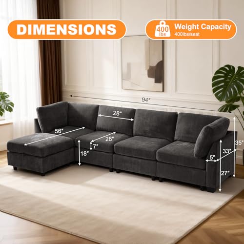 Image of TEKAMON 122 inch L Shaped Modern Sofa Modular Sectional Couch with Ottoman, 5-Seat Chenille Deep Seat Sofa for Living Room, Bedroom and Apartment, Dark Grey